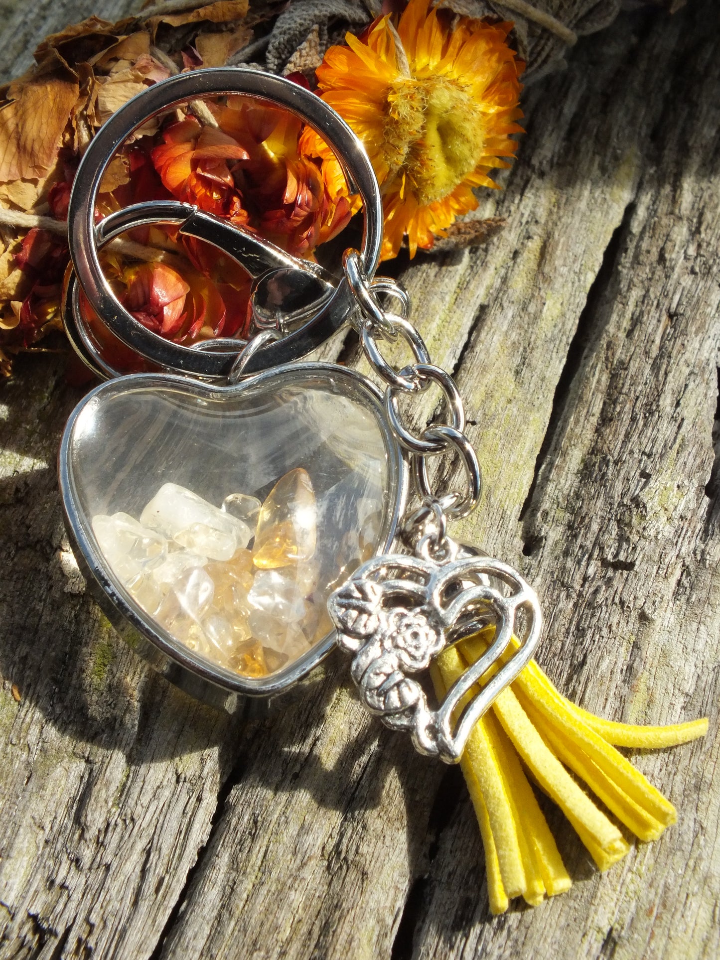 Citrine Chip Heart Keyring With Tassel & Heart Charm