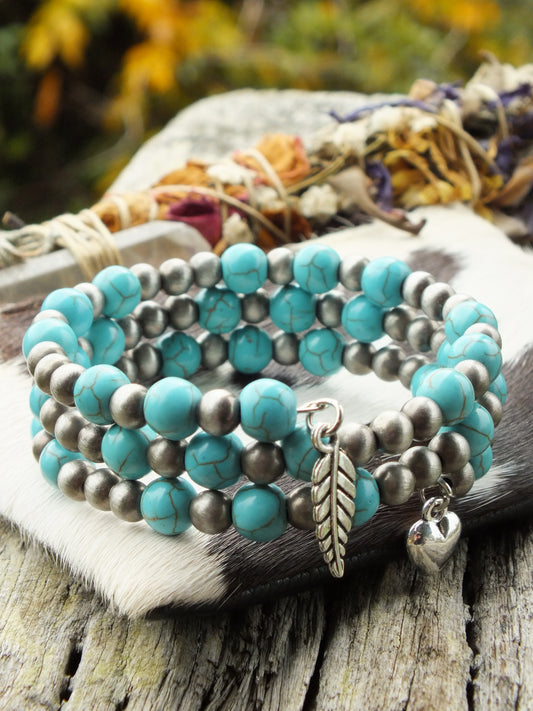 3 Tier Turquoise Howlite (Dyed) & Silver Bead Bracelet