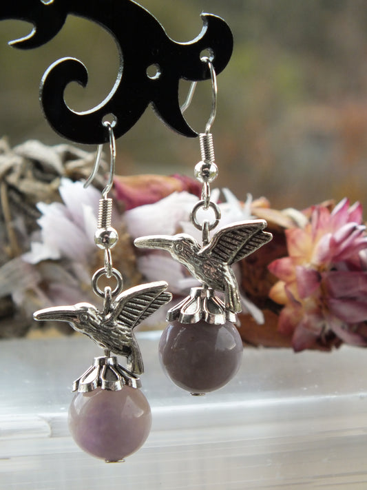 Hummingbird Charm Earrings - Frosted Amethyst