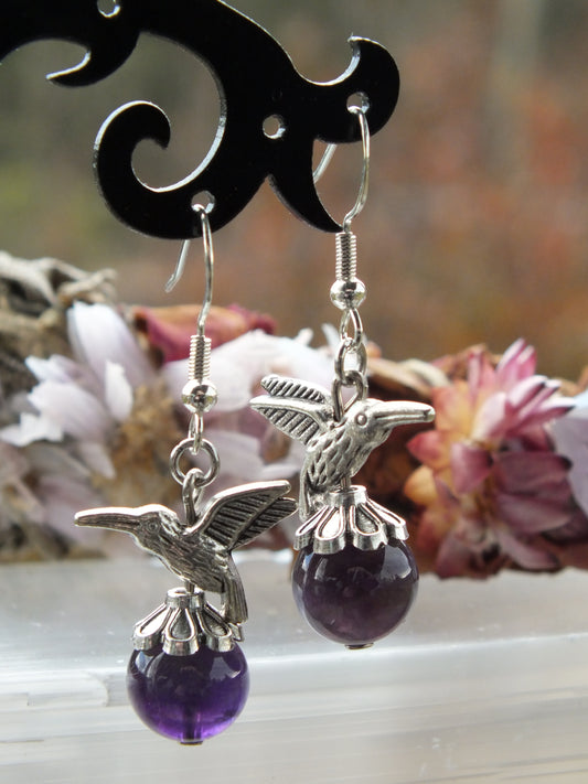Hummingbird Charm Earrings - Amethyst