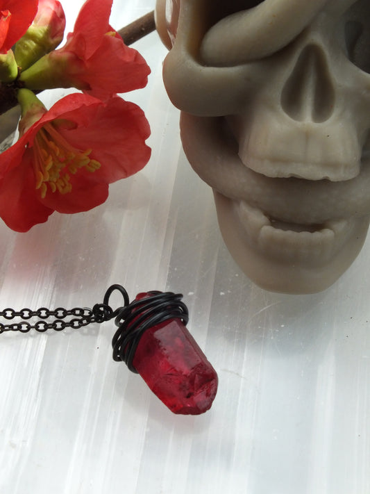 Wire Wrapped Red (Dyed) Quartz Crystal Necklace