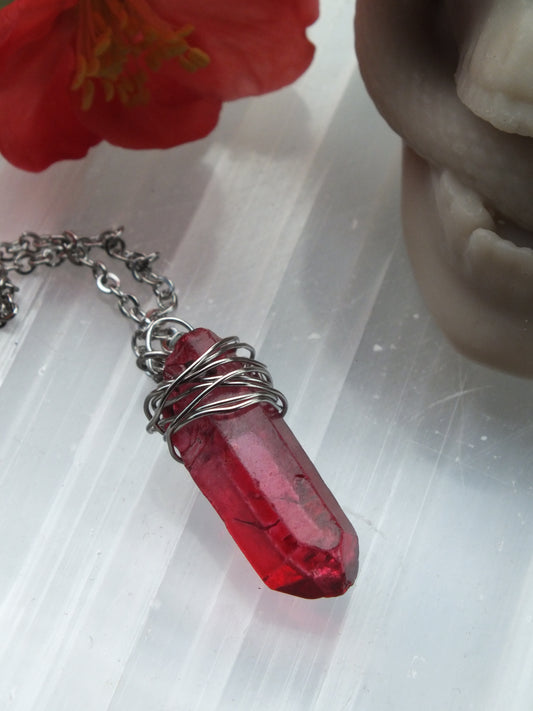 Wire Wrapped Red (Dyed) Quartz Crystal Necklace