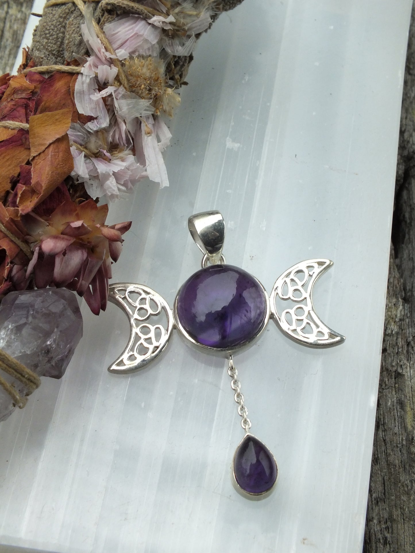 Sterling Silver Amethyst Triple Moon Pendant