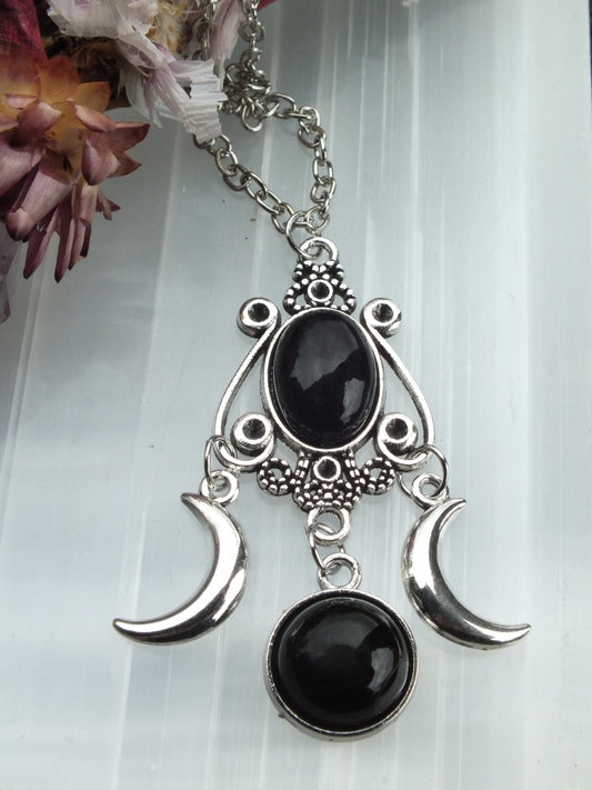 Black Agate Triple Moon Necklace