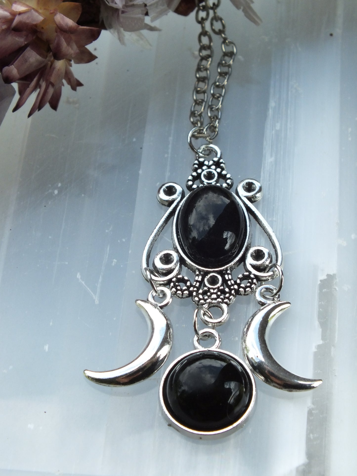 Black Agate Triple Moon Necklace