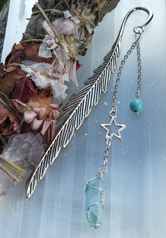 Electroplated Quartz Crystal Feather Bookmarks - Turquoise