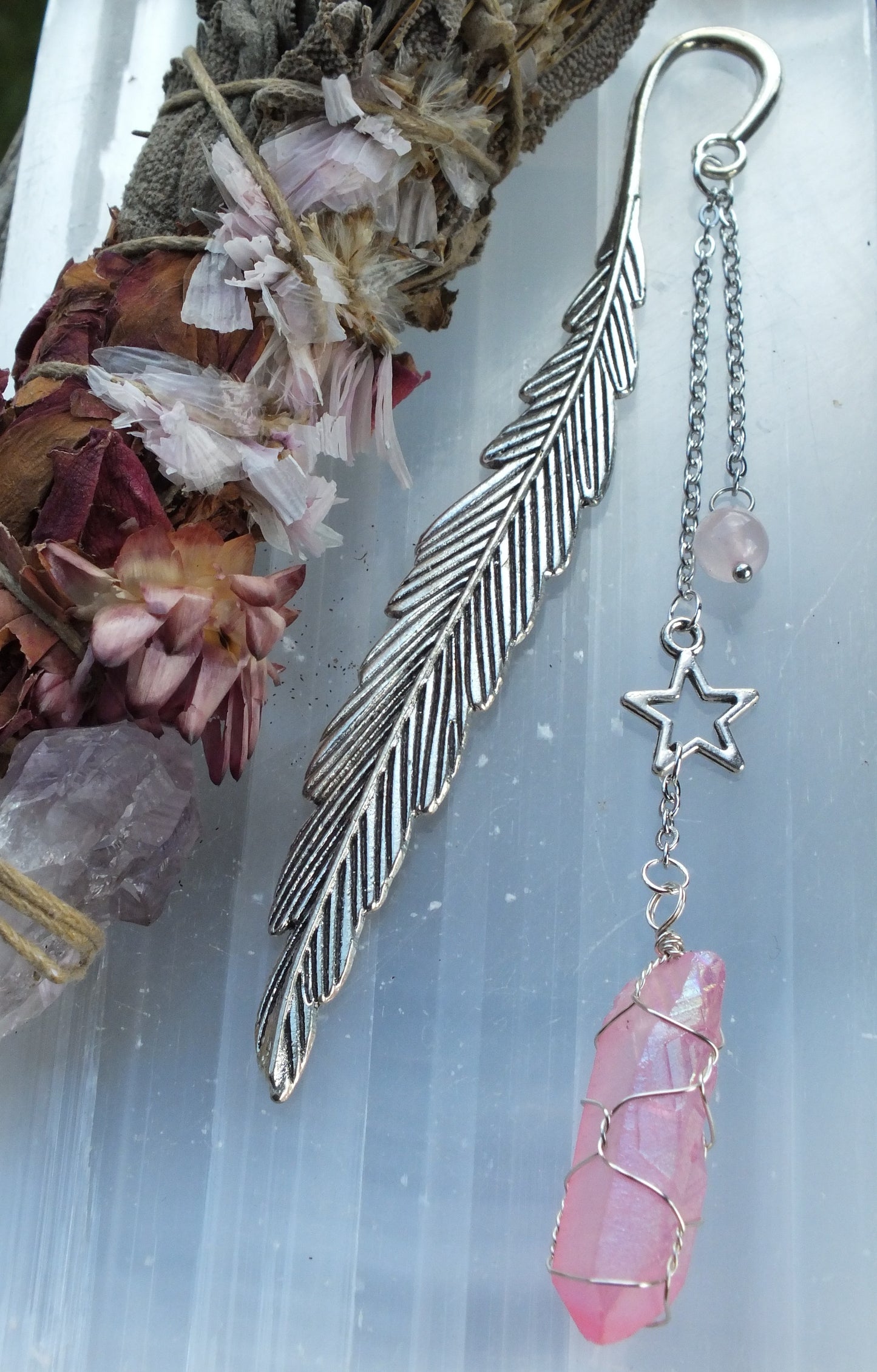 Electroplated Quartz Crystal Feather Bookmarks - Pink