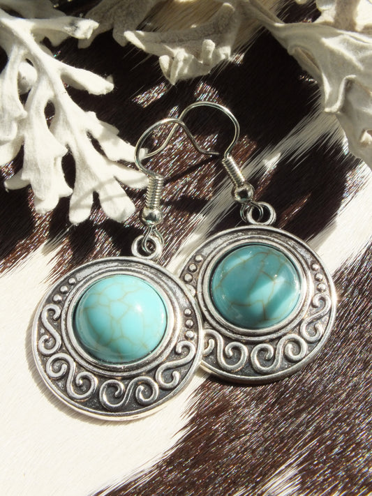 Synthetic Turquoise & Silver Metal Earrings