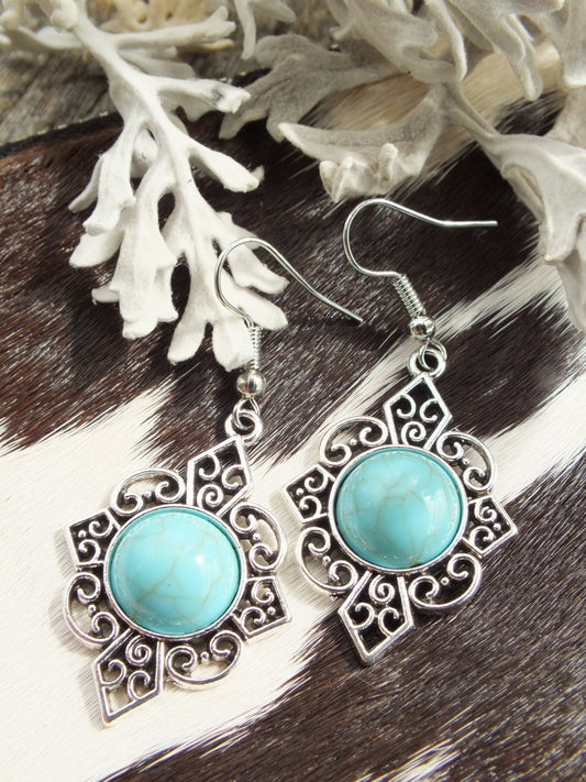 Synthetic Turquoise & Silver Metal Earrings