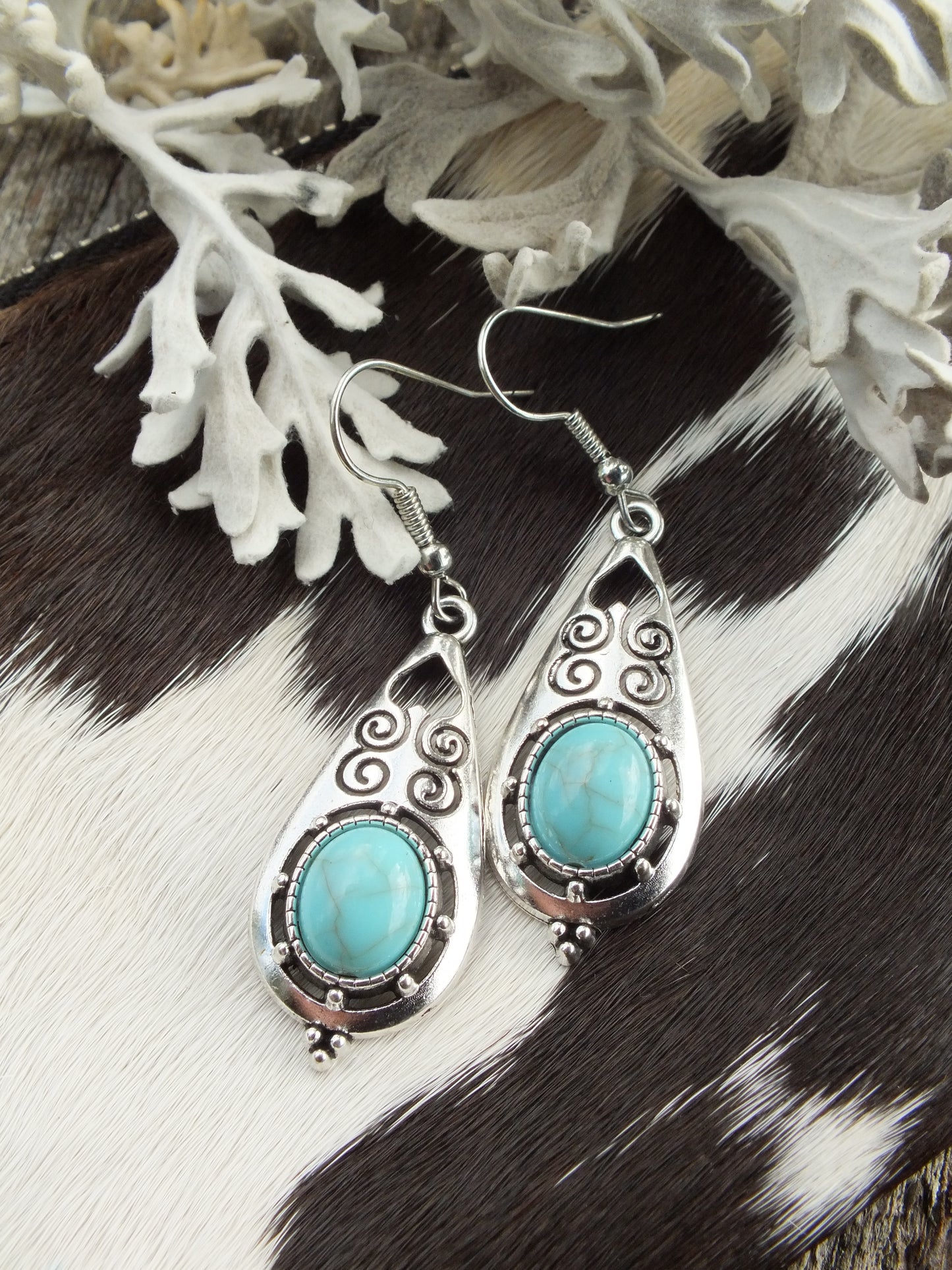 Synthetic Turquoise & Silver Metal Earrings