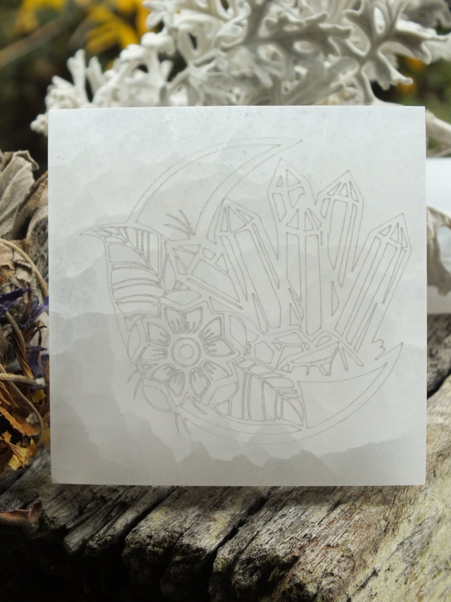 Selenite Crystal Moon Flower Design Etched Square Charging Plate