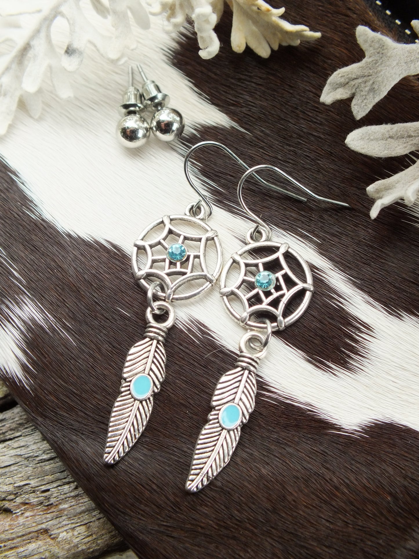 Synthetic Turquoise & Silver Metal Earring Set
