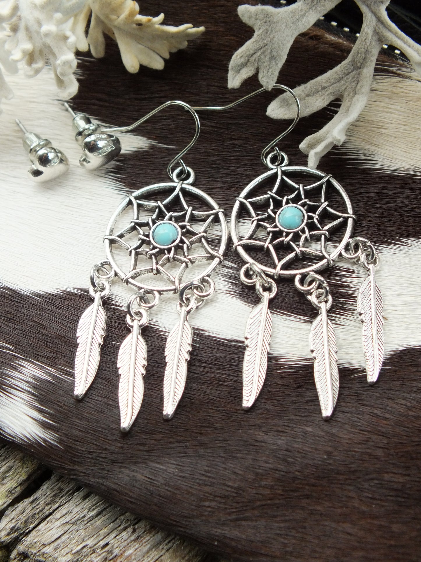 Synthetic Turquoise & Silver Metal Earring Set
