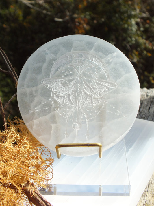 Luna Moth Etched Selenite Charging Plate