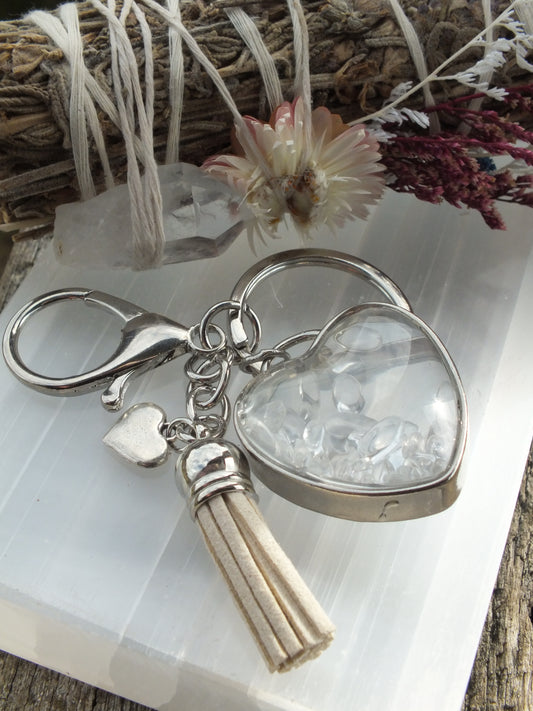 Clear Quartz Chip Heart Keyring With Tassel & Heart Charm