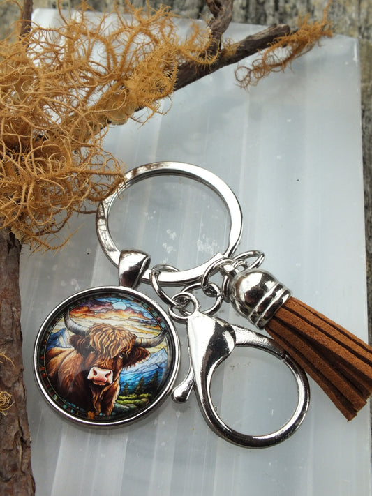 Stained Glass Style Highland Cow Cabochon Keyring