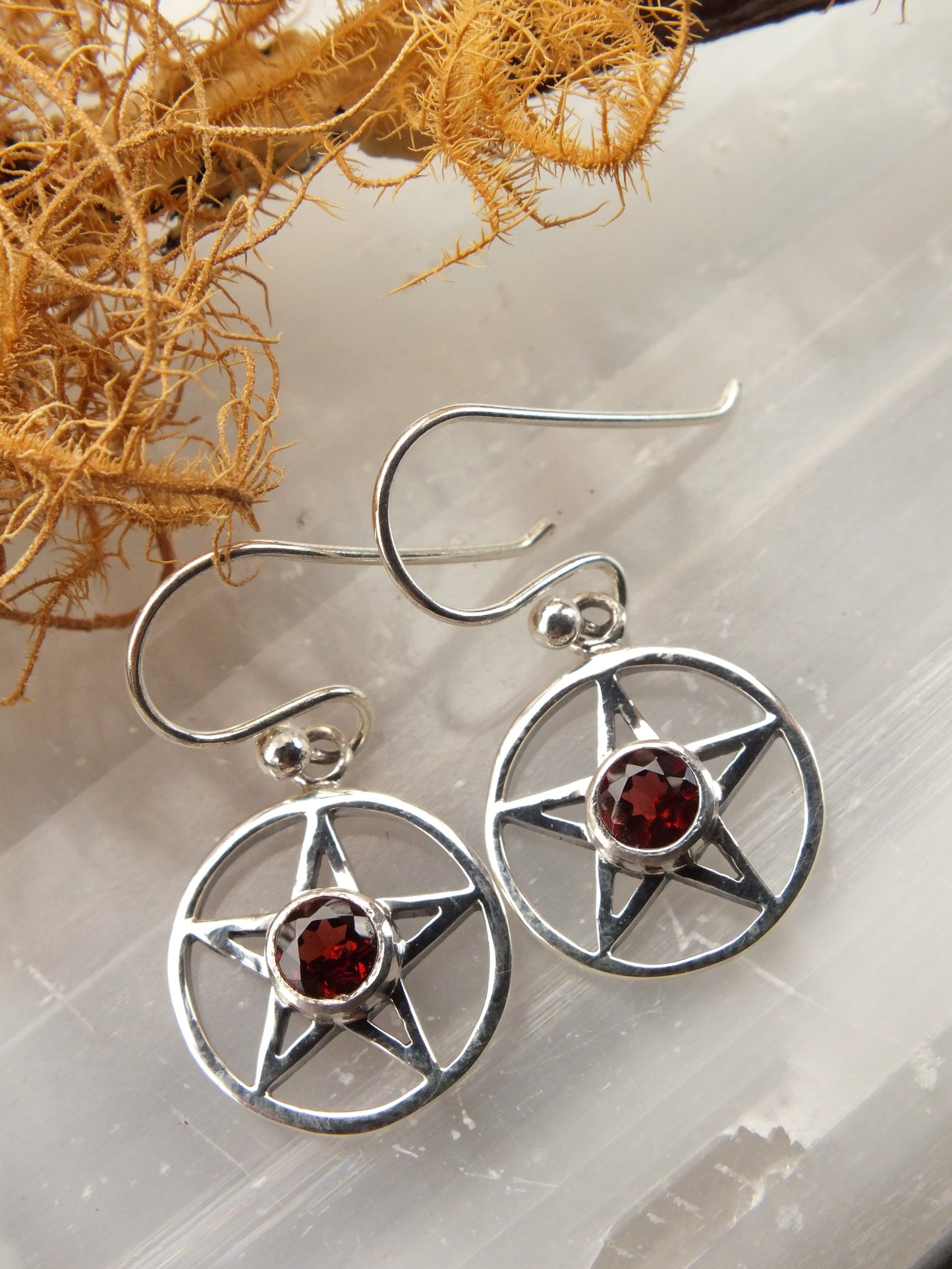 Sterling Silver Garnet Pentacle Earrings