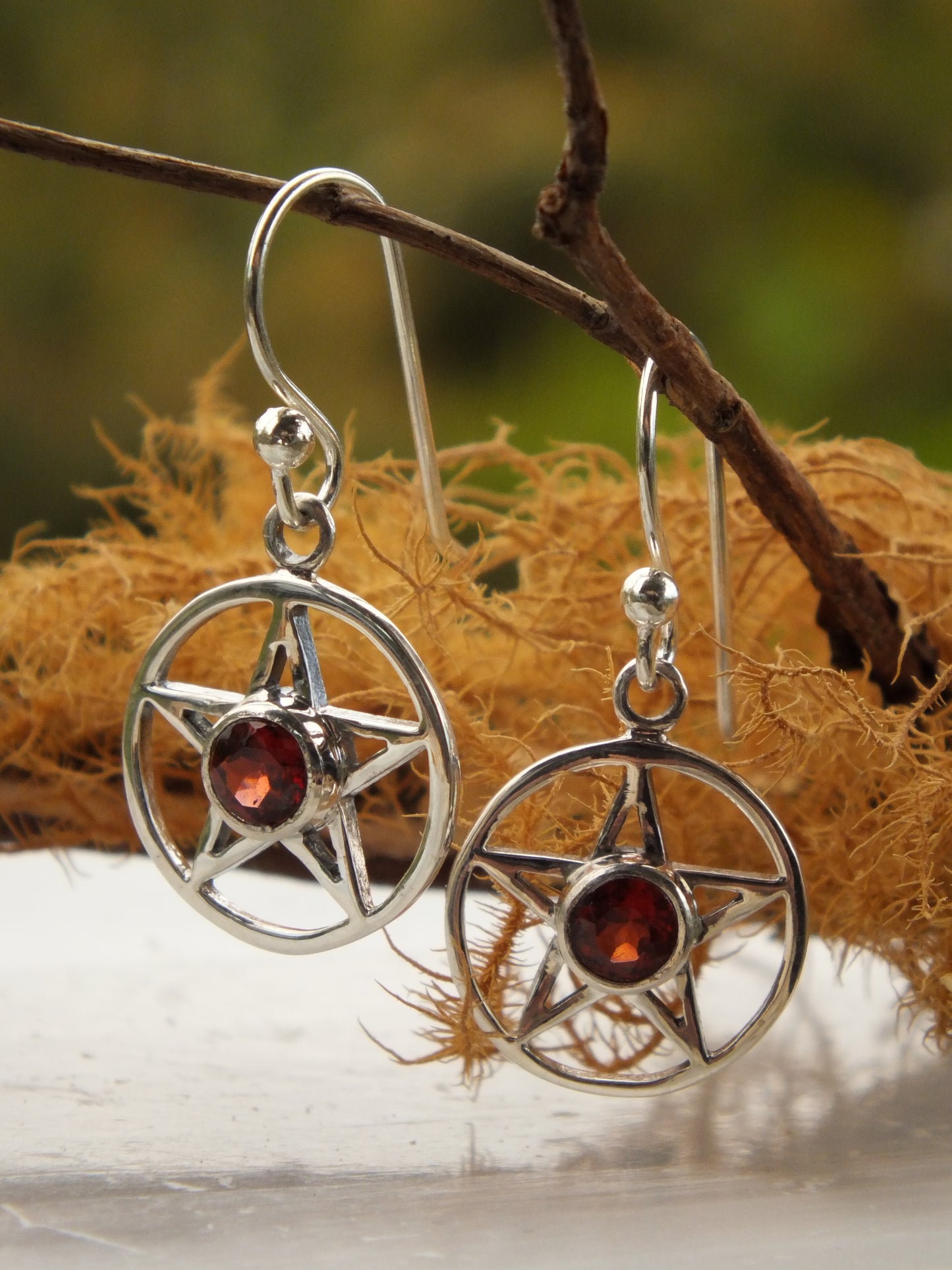 Sterling Silver Garnet Pentacle Earrings