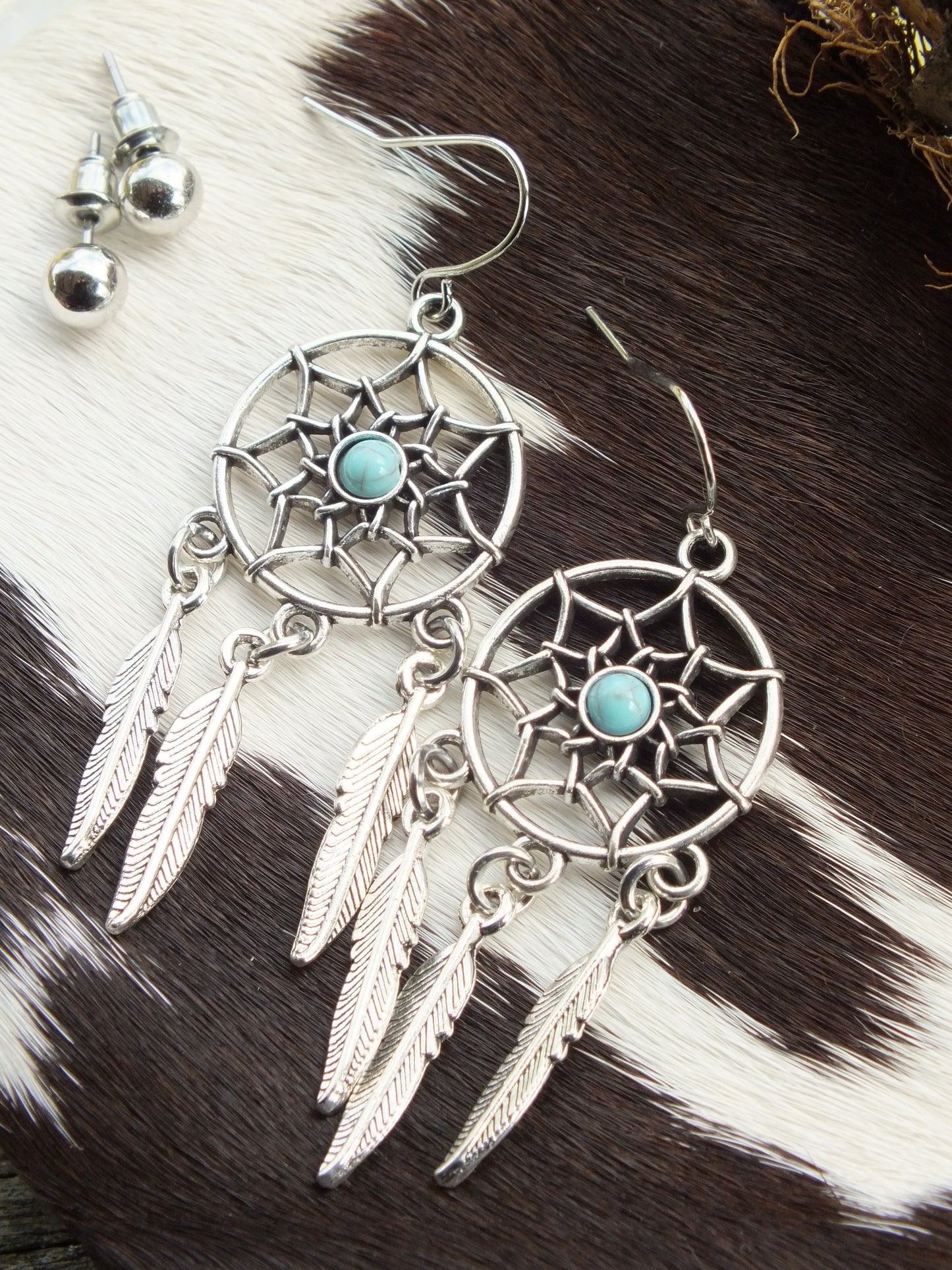 Synthetic Turquoise & Silver Metal Earring Set