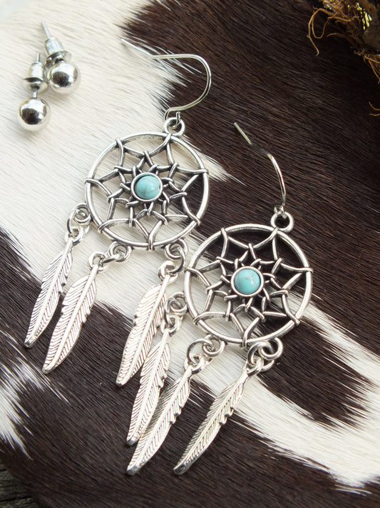 Synthetic Turquoise & Silver Metal Earring Set
