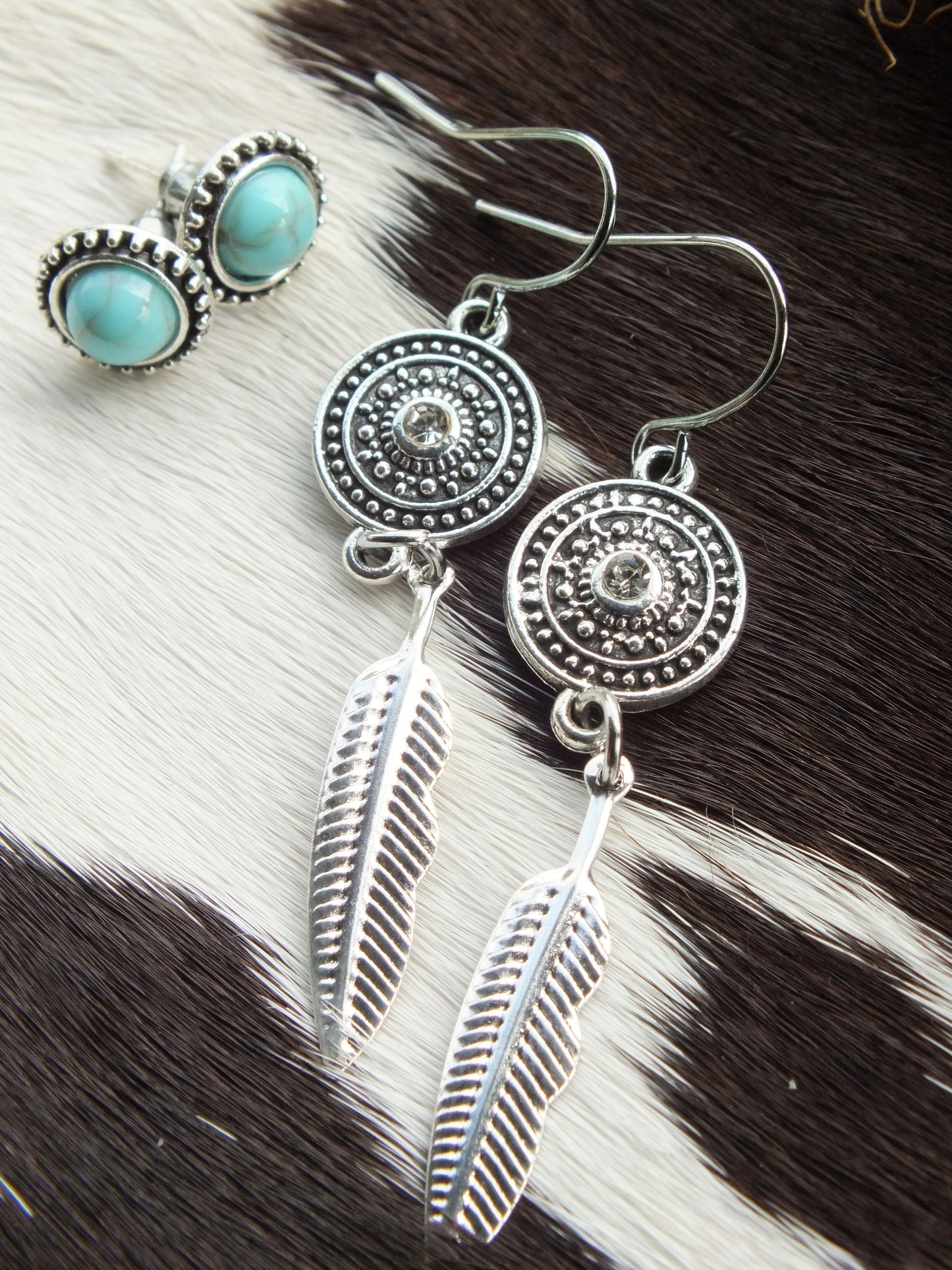 Synthetic Turquoise & Silver Metal Earring Set