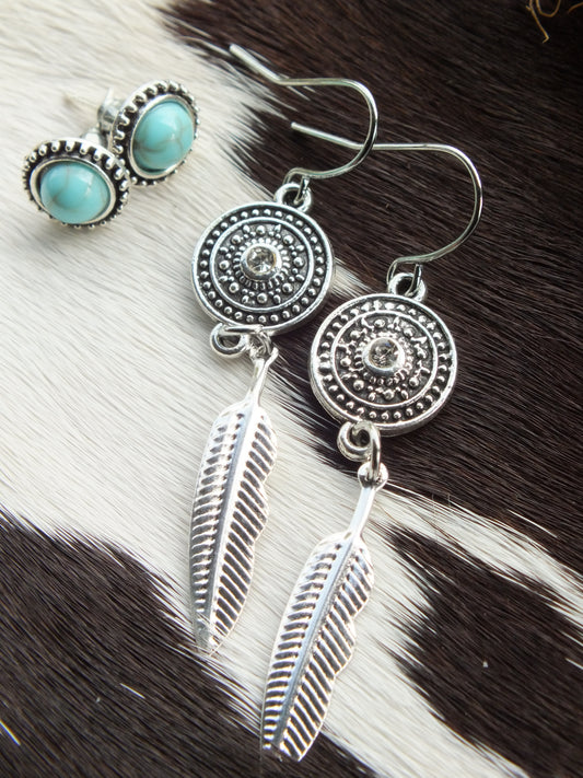 Synthetic Turquoise & Silver Metal Earring Set