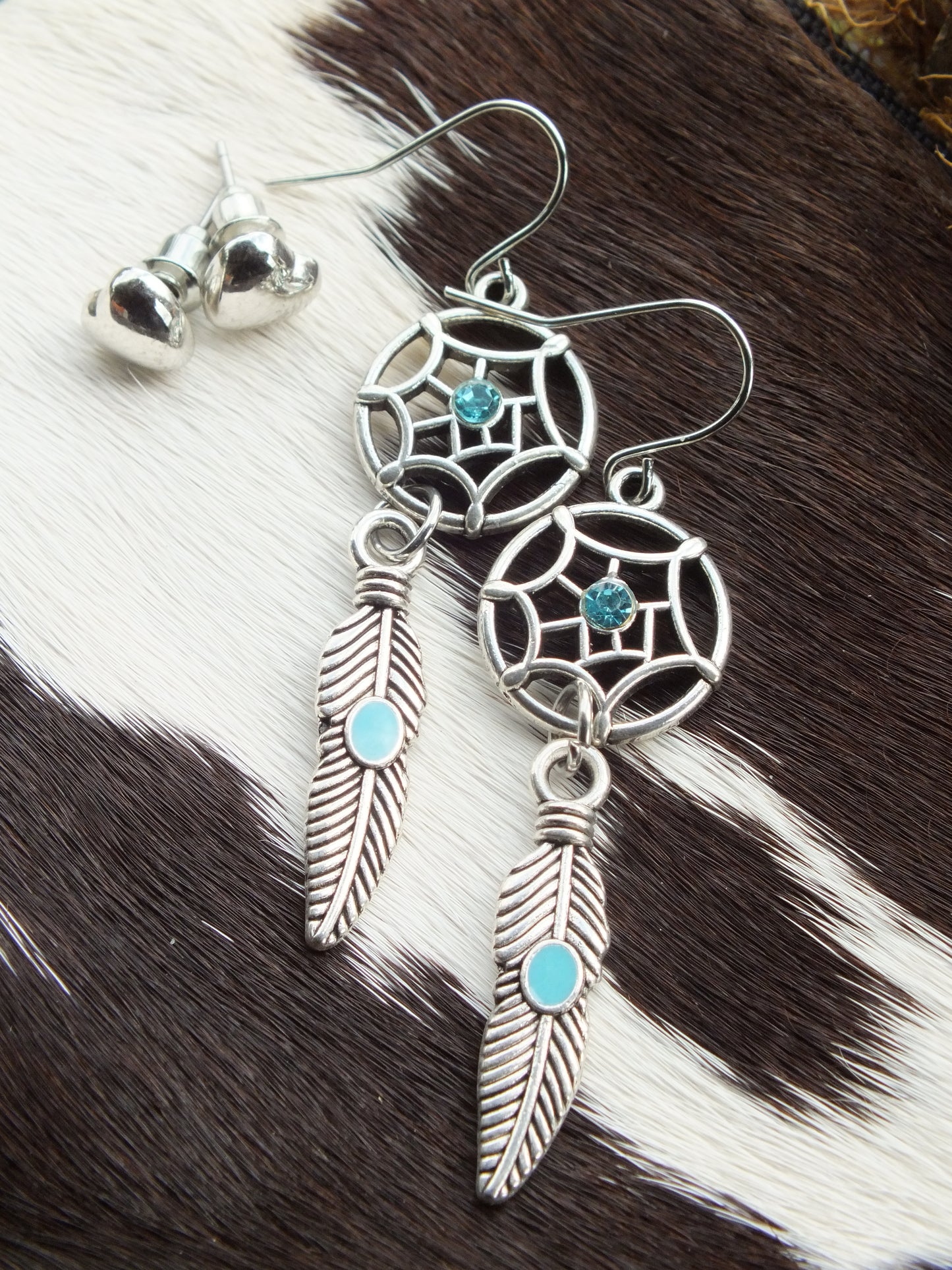 Synthetic Turquoise & Silver Metal Earring Set