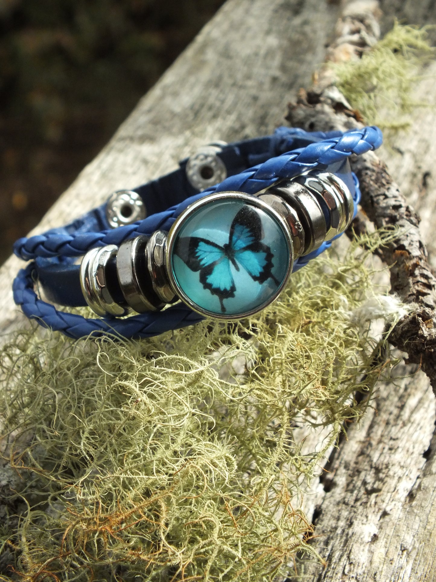 Dark Blue Leather Butterfly Snap Button Bracelet