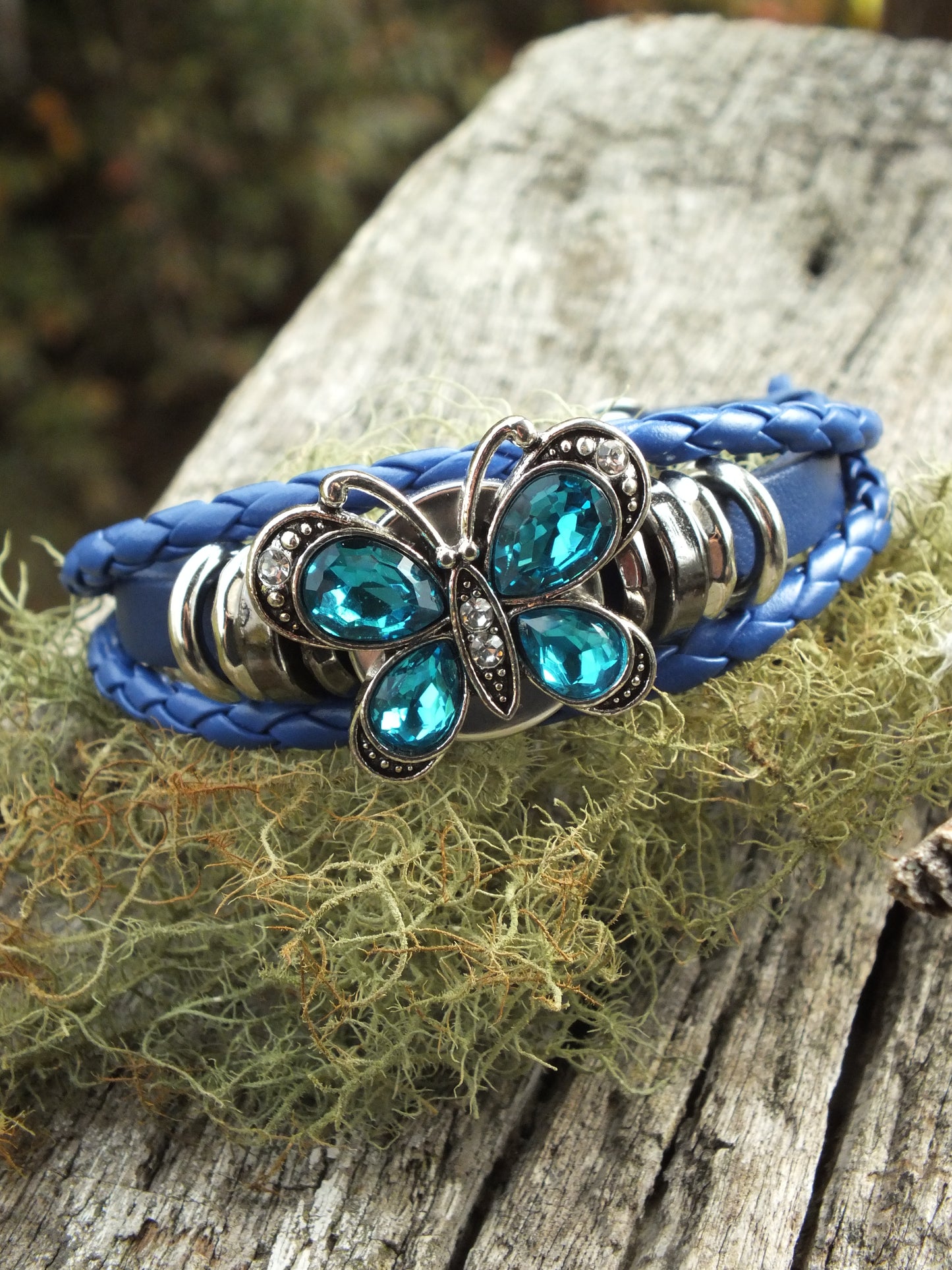 Dark Blue Leather Snap Button Diamante Butterfly Bracelet