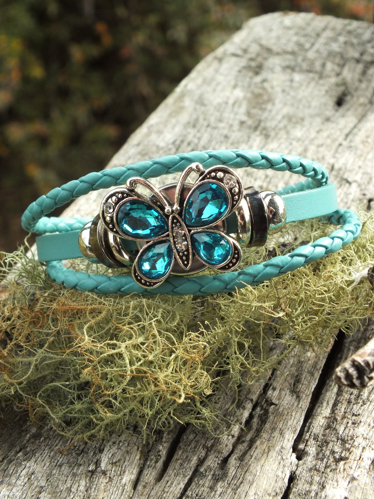 Turquoise Leather Snap Button Diamante Butterfly Bracelet