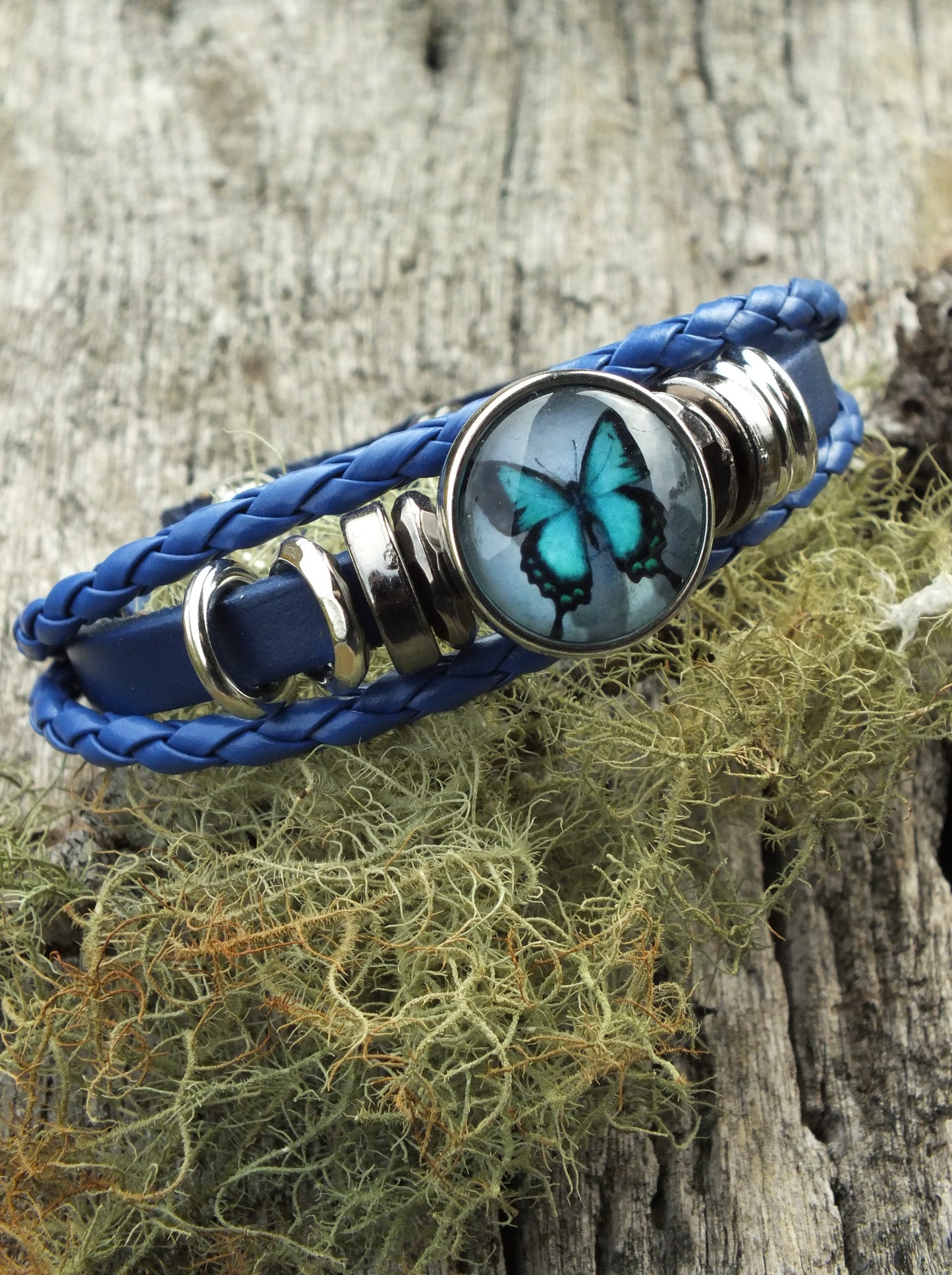 Dark Blue Leather Butterfly Snap Button Bracelet