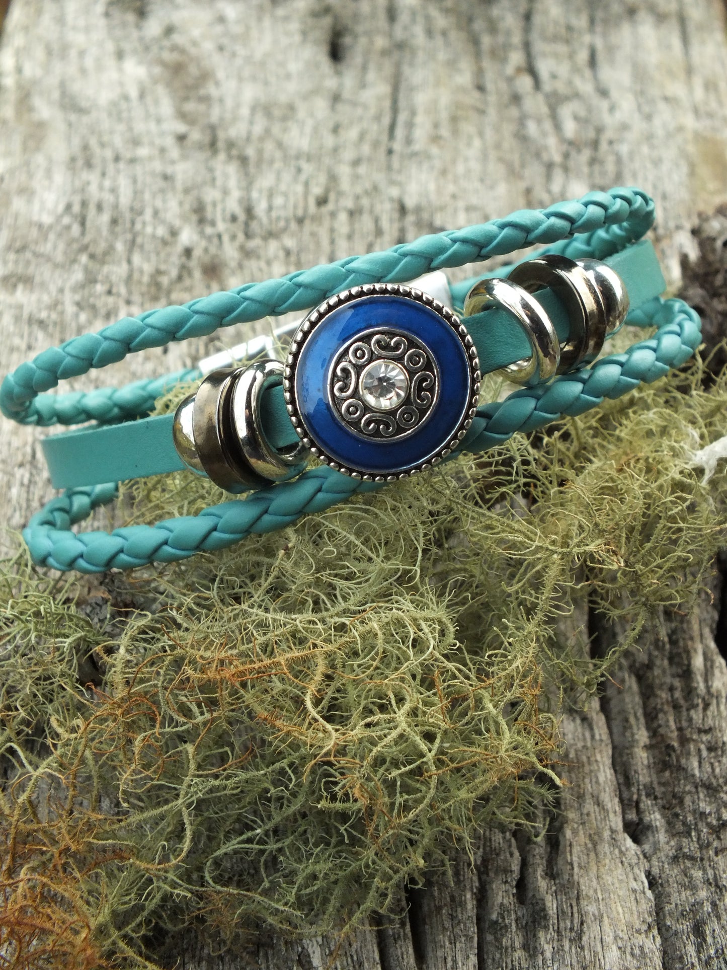 Turquoise Leather With Blue Shield Snap Button