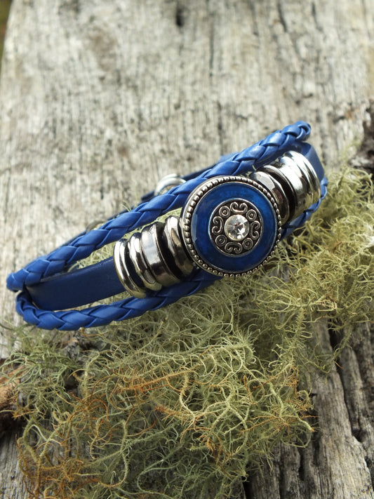 Dark Blue Leather With Shield Snap Button Bracelet