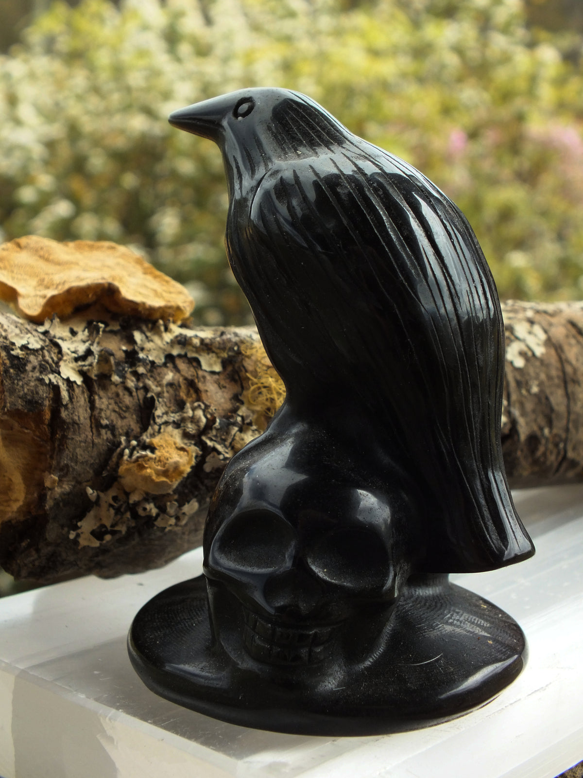 Raven On Skulls Obsidian Carving