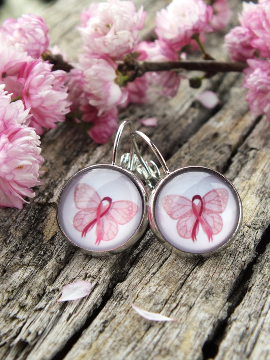 Pink Ribbon Butterfly Cabochon Earrings