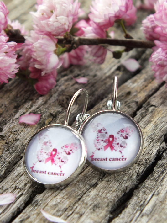 Pink Ribbon Breast Cancer Butterfly Cabochon Earrings