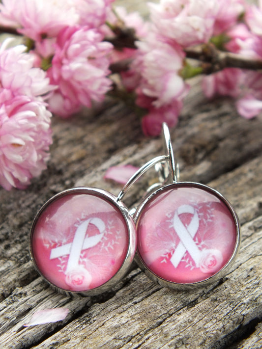 White Ribbon On Pink Cabochon Earrings