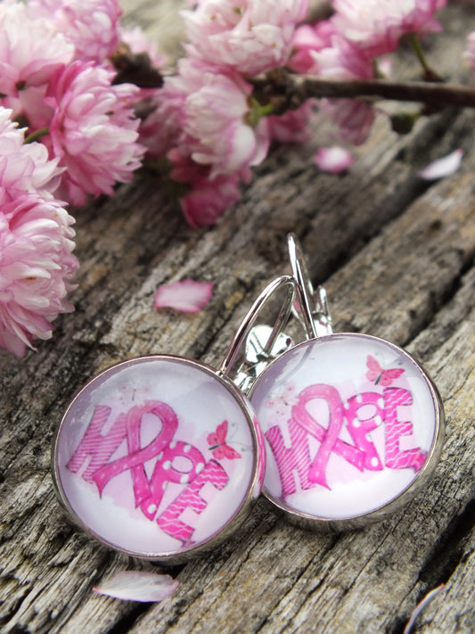 Pink Ribbon Hope Cabochon Earrings