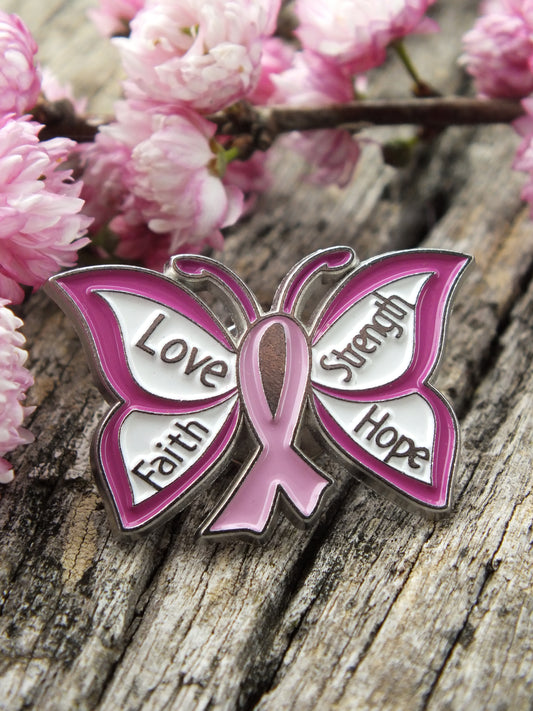 Love Faith Strength & Hope - Pink Ribbon Butterfly Brooch