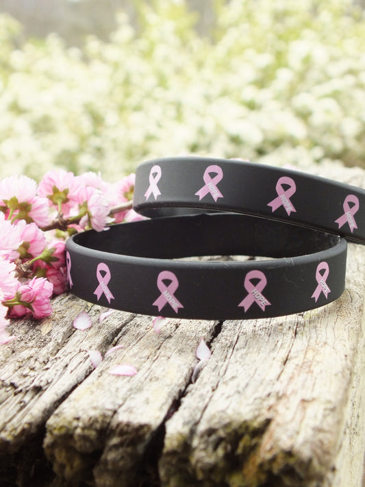 Pink Ribbon - Black Rubber Bracelet