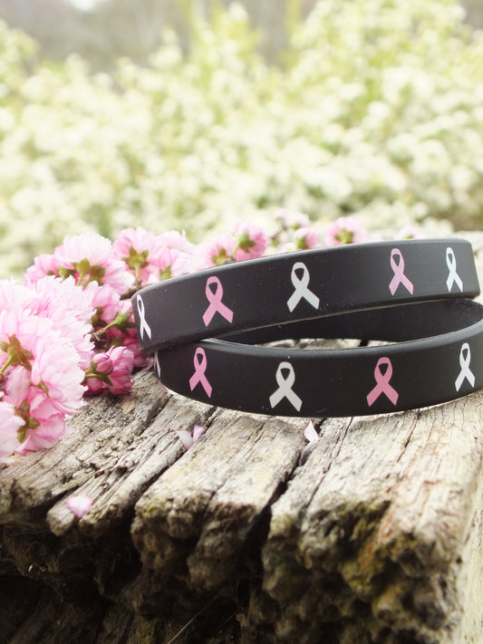 Pink/White Ribbon - Black Rubber Bracelet