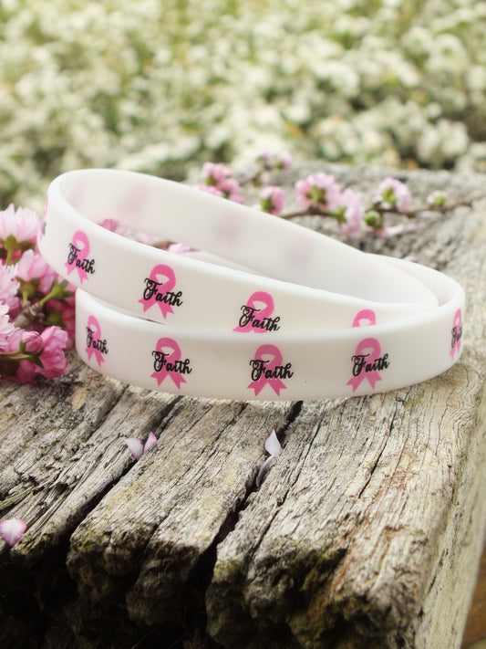 Pink Ribbon Faith - White Rubber Bracelet