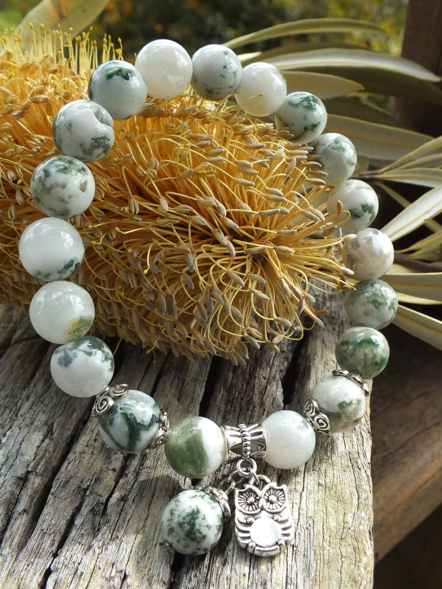 Moss Agate Owl Charm Bracelet