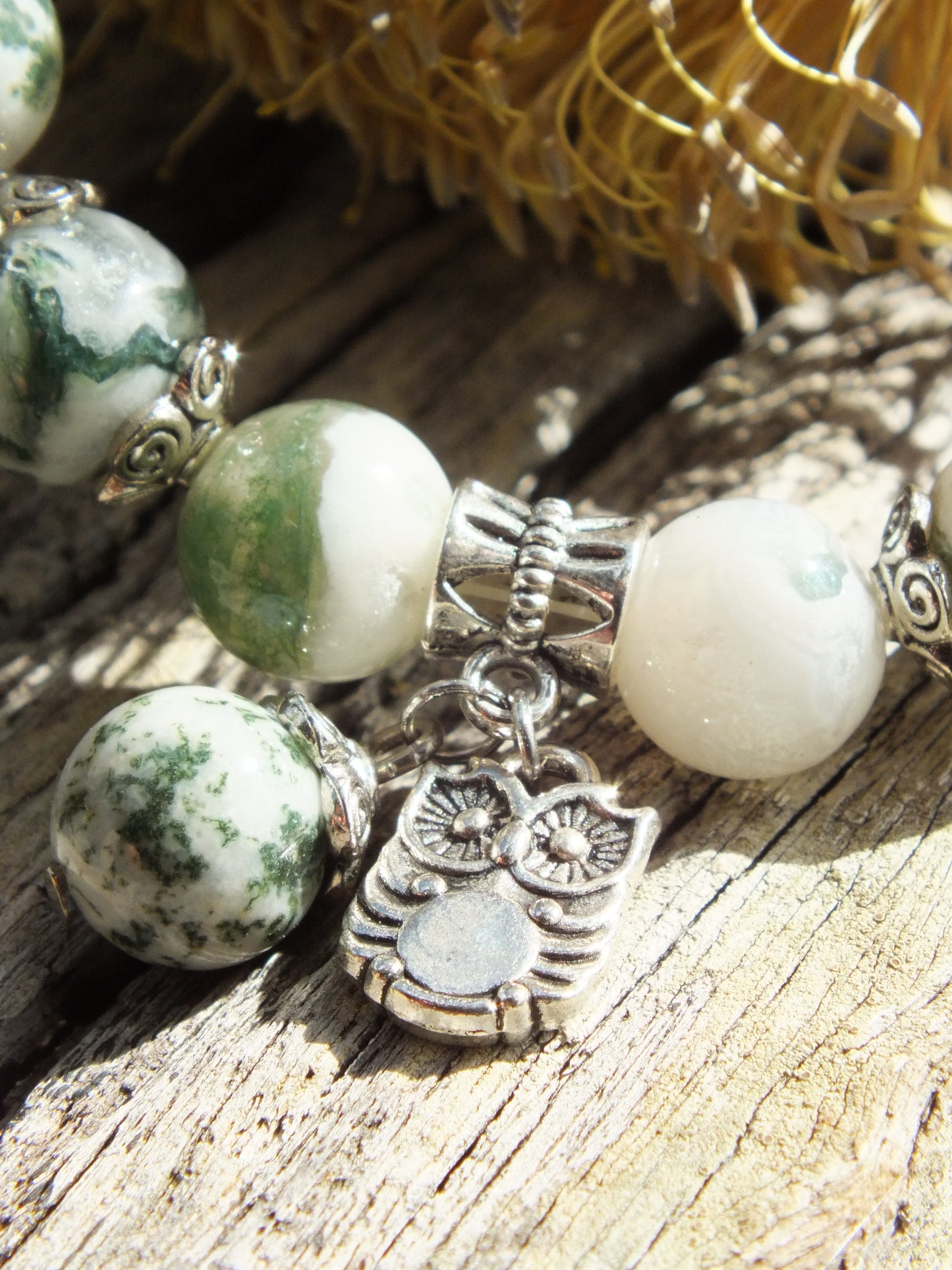 Moss Agate Owl Charm Bracelet