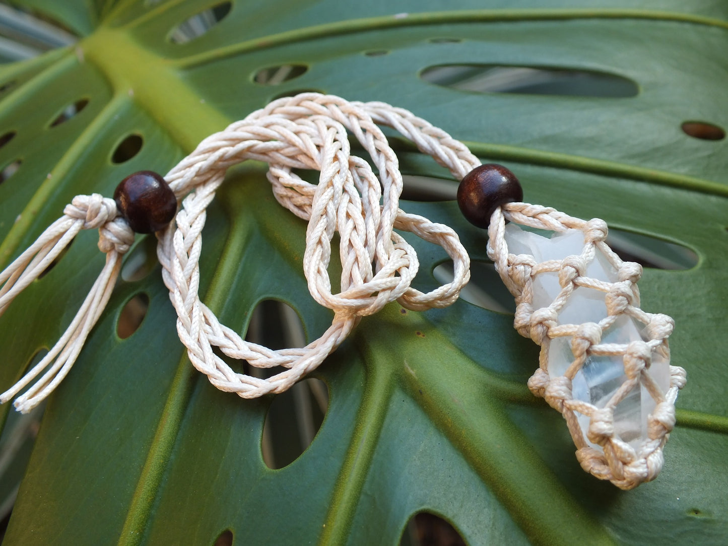 White Macrame Tumble Stone Net with Quartz Point