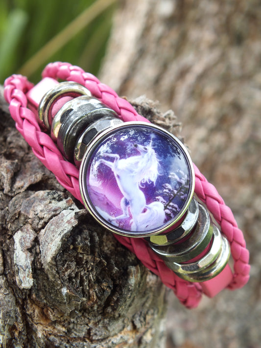 Pink Leather Unicorn Snap Button Bracelet