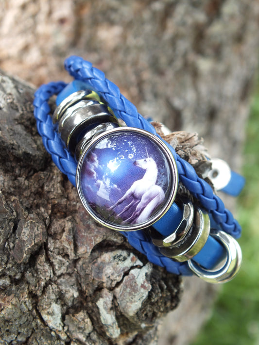 Blue Leather Unicorn Snap Button Bracelet