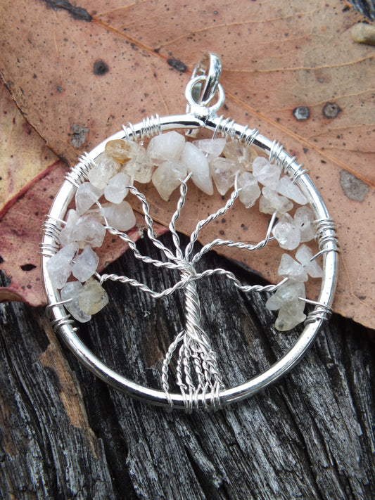 Quartz Chip Wired Tied Tree Of LIfe Pendant