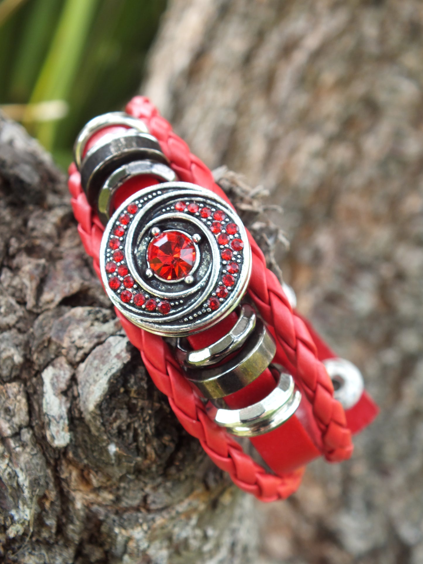 Red Leather Diamante Snap Button Bracelet