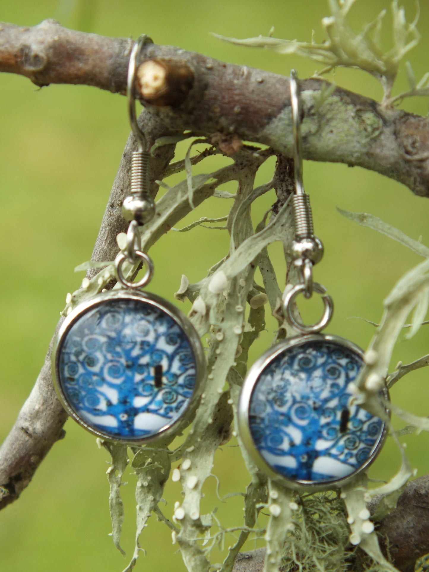 Blue & White Tree Of Life Cabochon Earrings